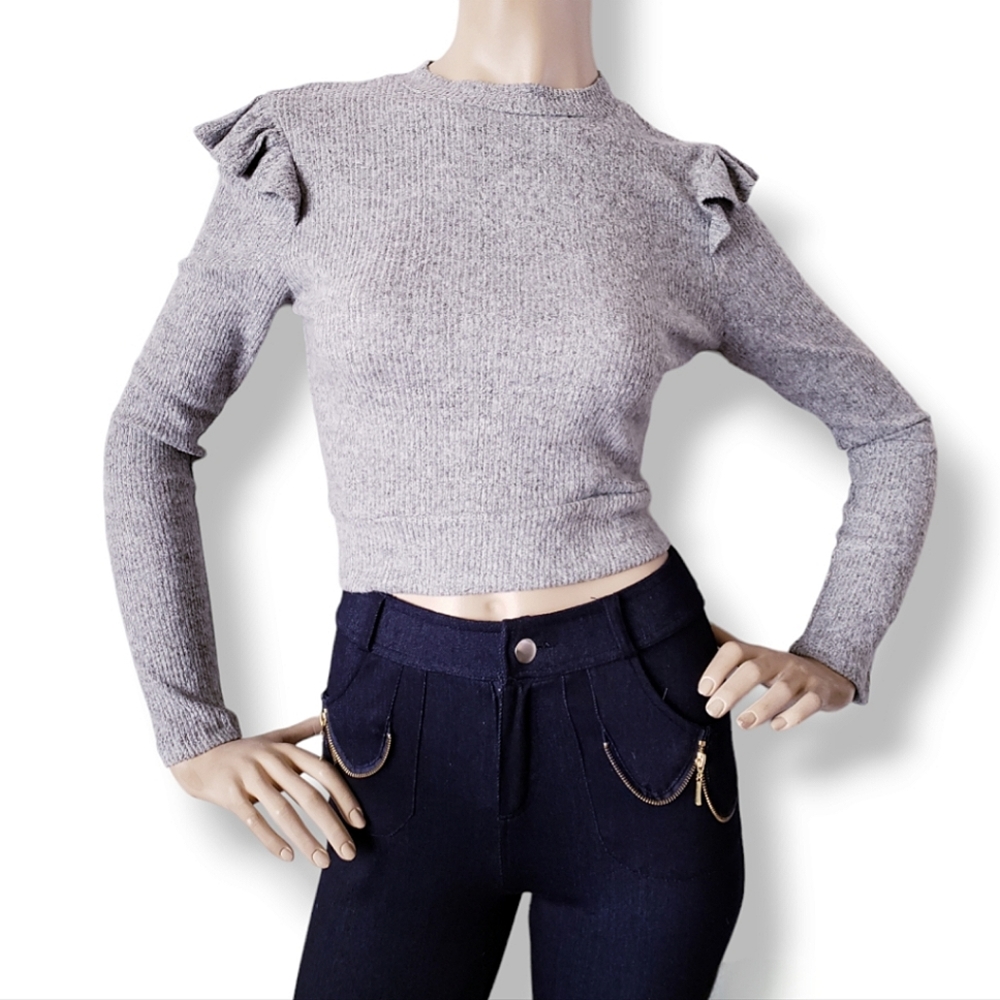 Heart & Hips Gray Ribbed Ruffled Shoulder Cropped Sweater Top